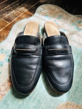 ALDO Black Leather Backless Penny Loafers with Gold Accent